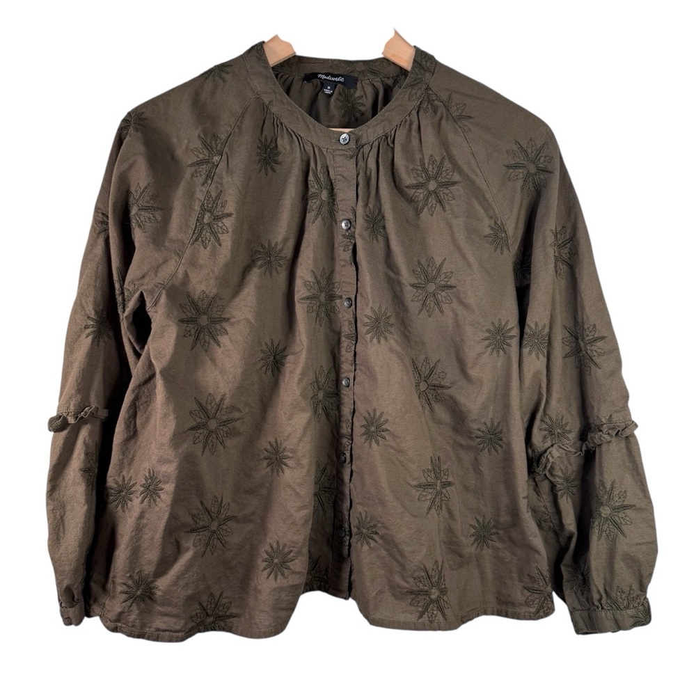 Madewell Olive Green Embroidered Button Up Shirt Size Medium Long Sleeve Ruffle